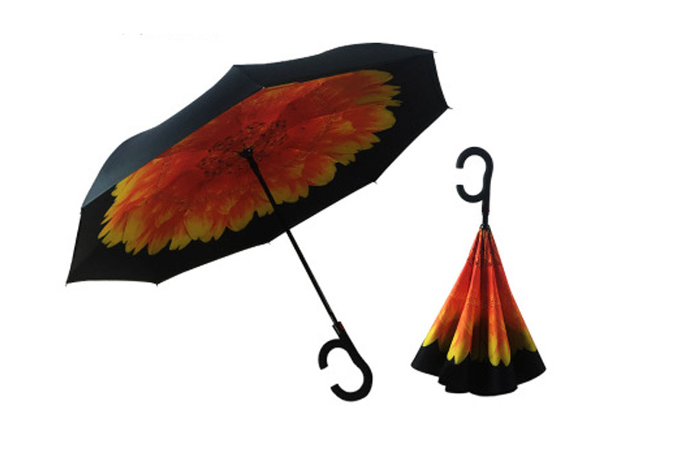 Auto Open Double Layer Inverted Car Reverse Umbrella with C-Shaped Handle